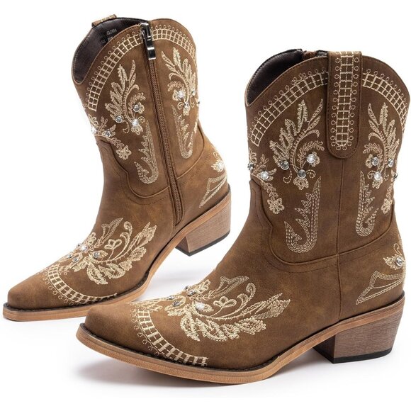 Women Brown Cowgirl with Sparkly Embroidered Rhinestone Short Western Ankle Boot - Picture 1 of 8